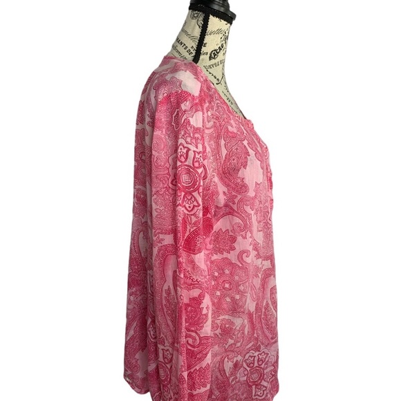 Jones New York Tunic Blouse Boho long Sleeve paisley pink cotton light Women’s L - Picture 8 of 14